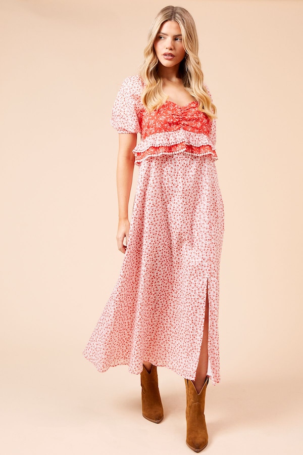 Dorothy Perkins Mix And Match Ruffle Bust Short Sleeve Midi Dress Red