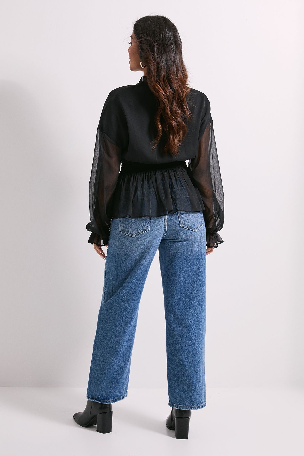 Dorothy Perkins Petite Tie Neck Shirred Waist Boho Blouse Black image 3