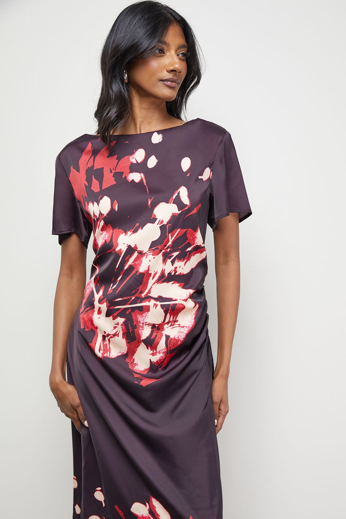 Warehouse Placement Print Crinkle Satin Ruched Midi Dress Floral image 2