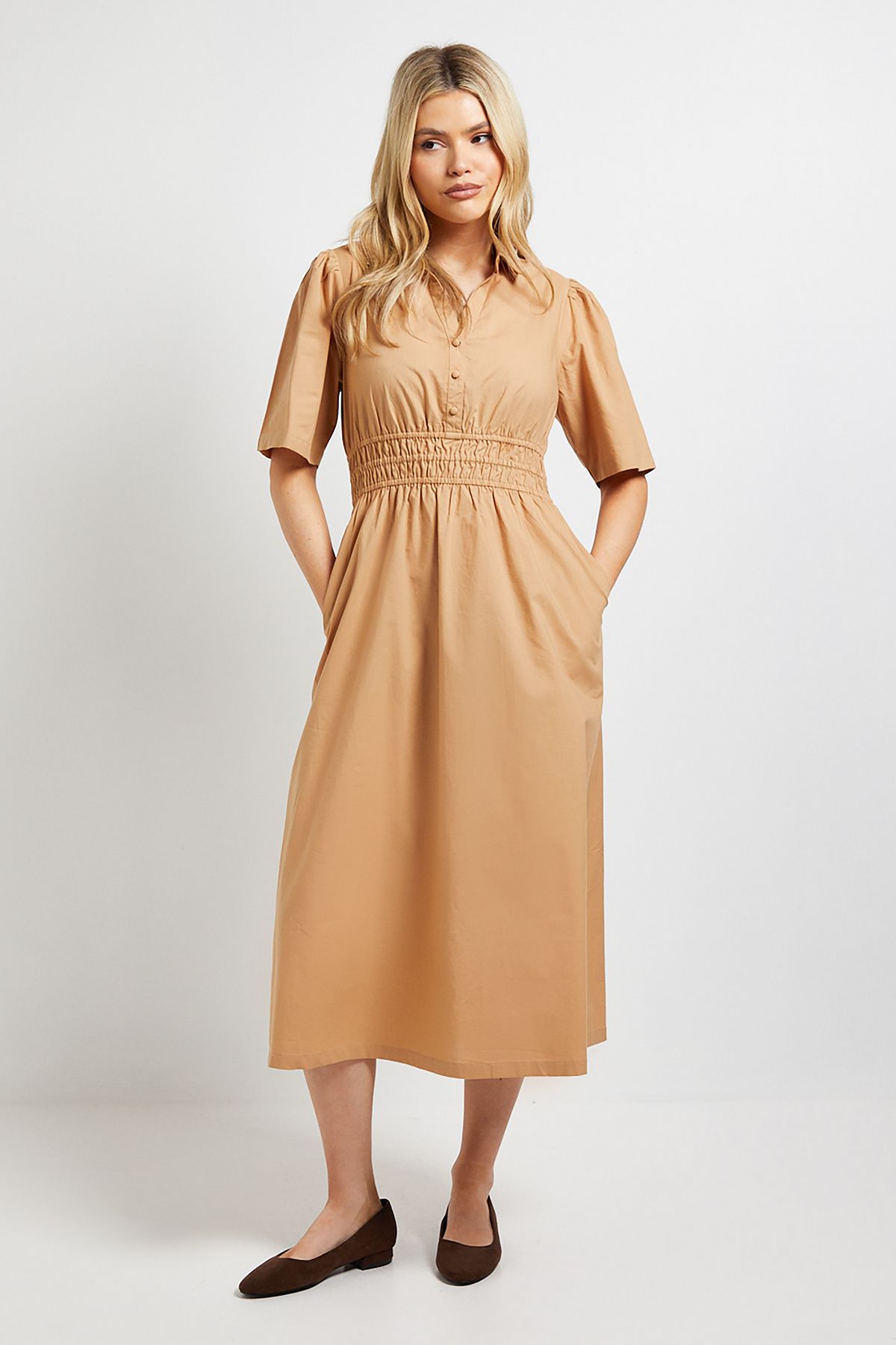 Dorothy Perkins Collar Shirred Waist Detail Poplin Midi Dress Camel