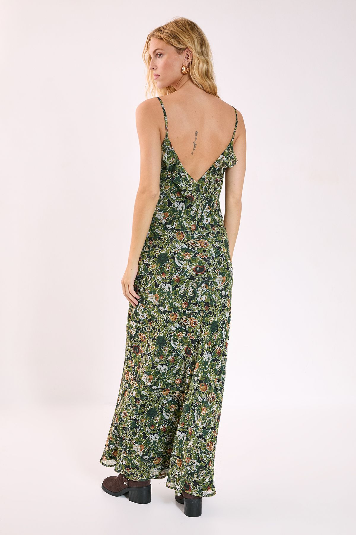 NastyGal Floral Chiffon Cowl Ruffle Split Maxi Dress Green image 4