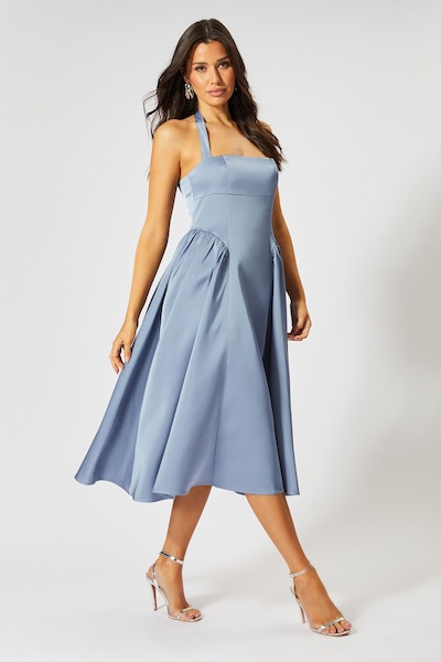 MissPap Satin Halterneck Midi Bridesmaid Dress Slate Blue