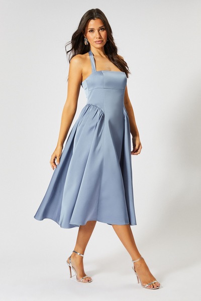 MissPap Satin Halterneck Midi Bridesmaid Dress Slate Blue