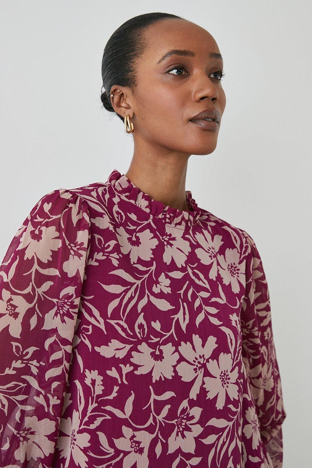 Principles Floral Print Ruffle Neck Bubble Hem Top Plum image 2