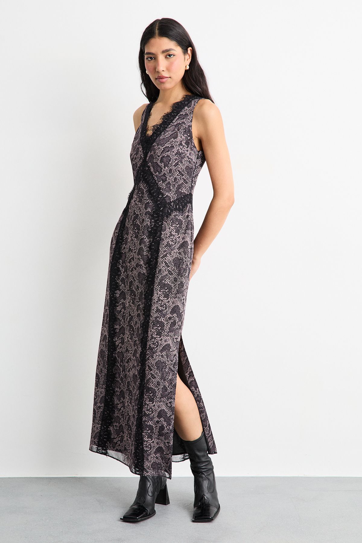 Warehouse Chiffon Printed Dress With Lace Snake