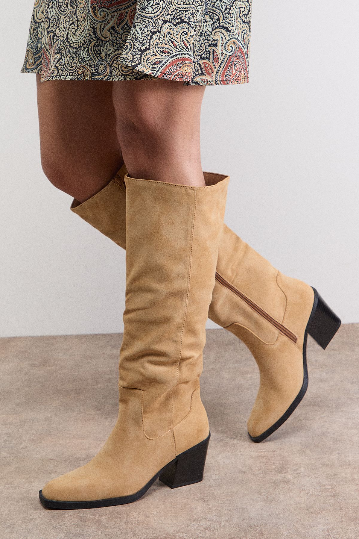 Oasis Ruby Faux Nubuck Leather Western High Block Knee Boot Beige image 1