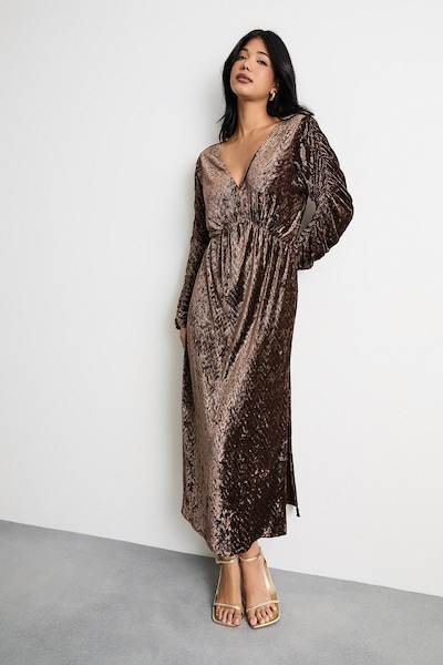 Warehouse Burnout Velvet Batwing Midi Dress Chocolate