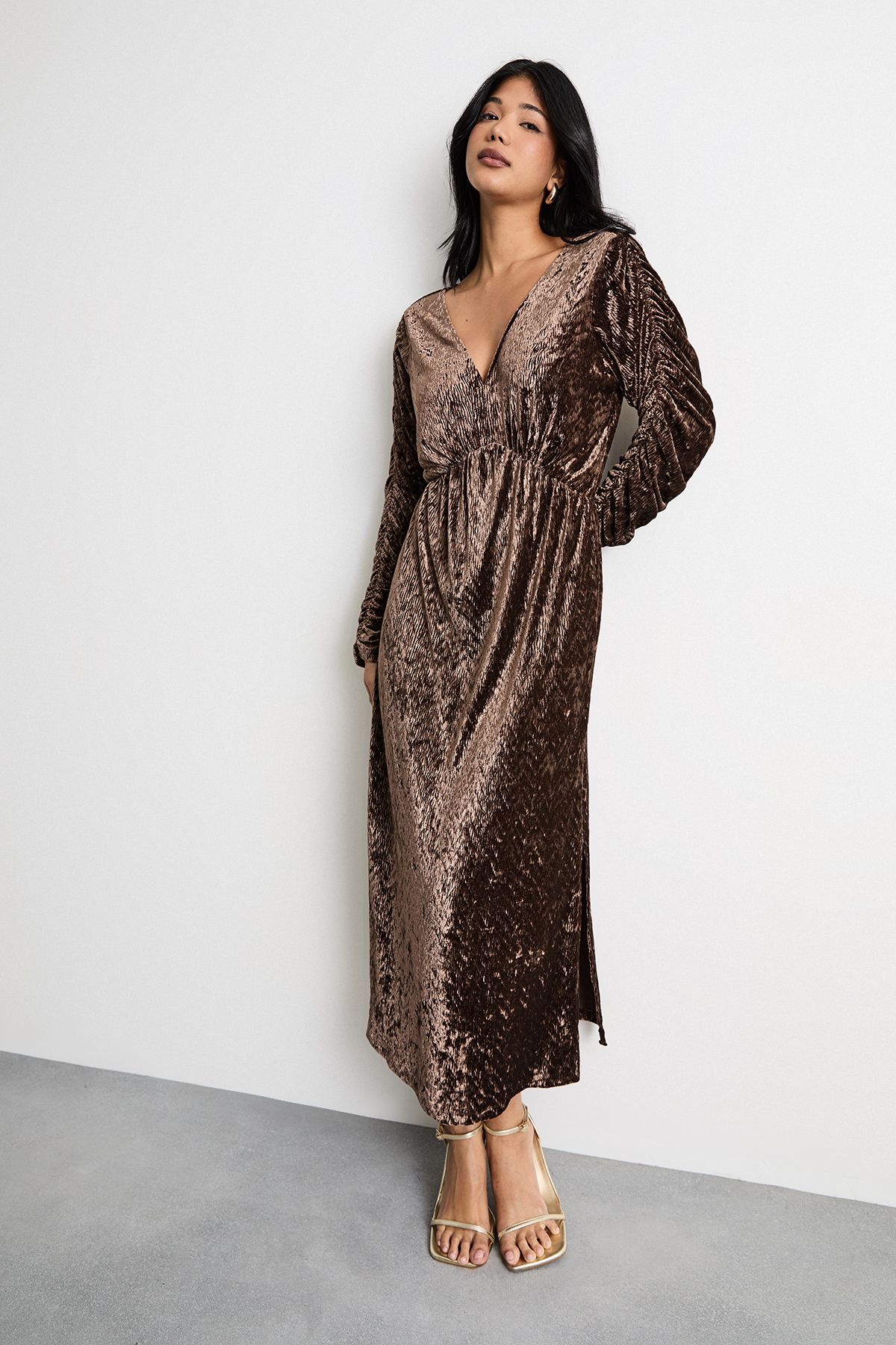 Warehouse Burnout Velvet Batwing Midi Dress Chocolate image 1