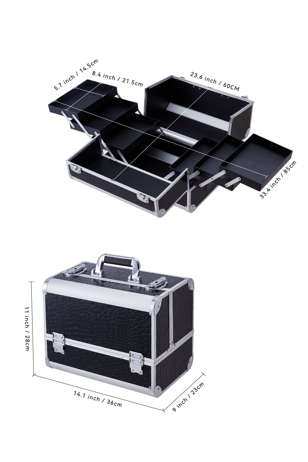 SHEONLY Black Makeup Box Professional Cosmetic Organizer Aluminum Storage Box with 6 Trays image 3