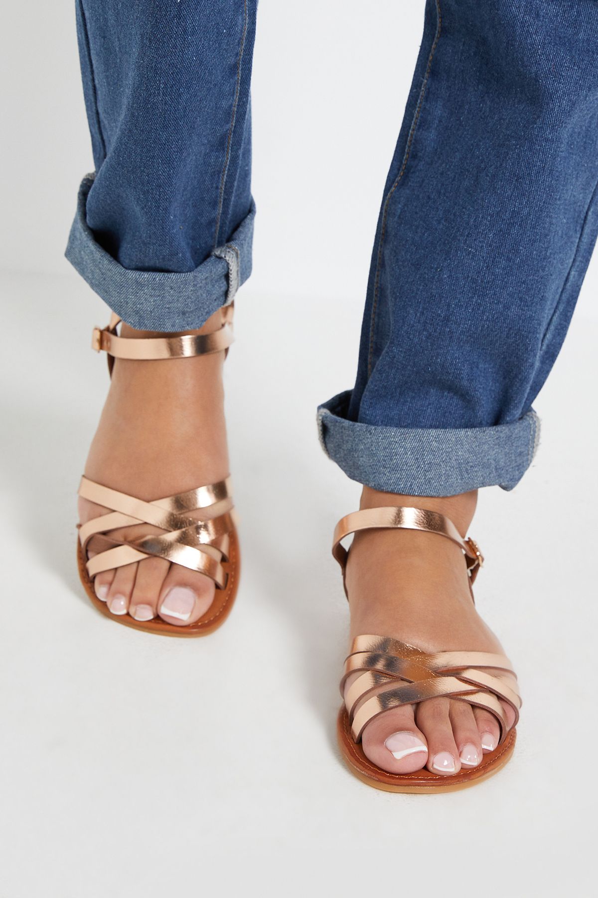 Dorothy Perkins Aida Faux Leather Cross Strap Flat Sandals Gold