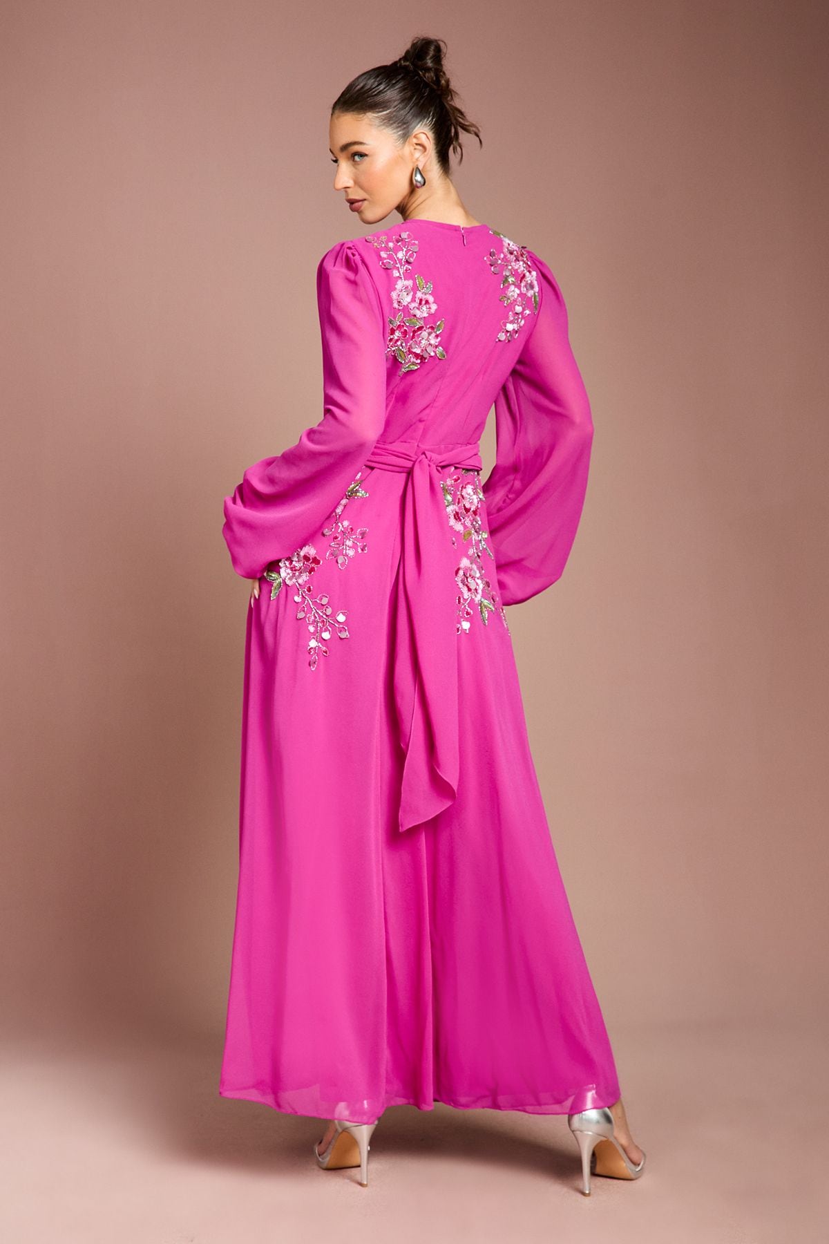 Coast Long Sleeve Wrap Waist Embellished Floral Maxi Dress Hot Pink image 3