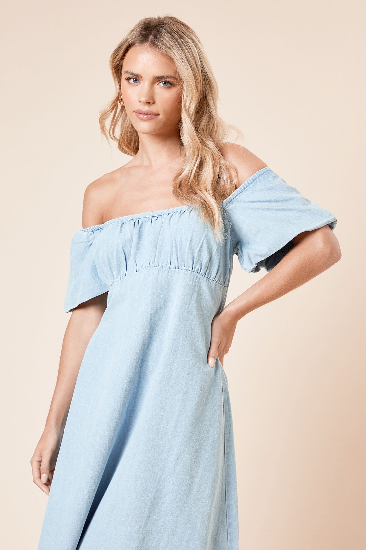 Dorothy Perkins Petite Chambray Bust Detail Midi Dress Light Wash image 2