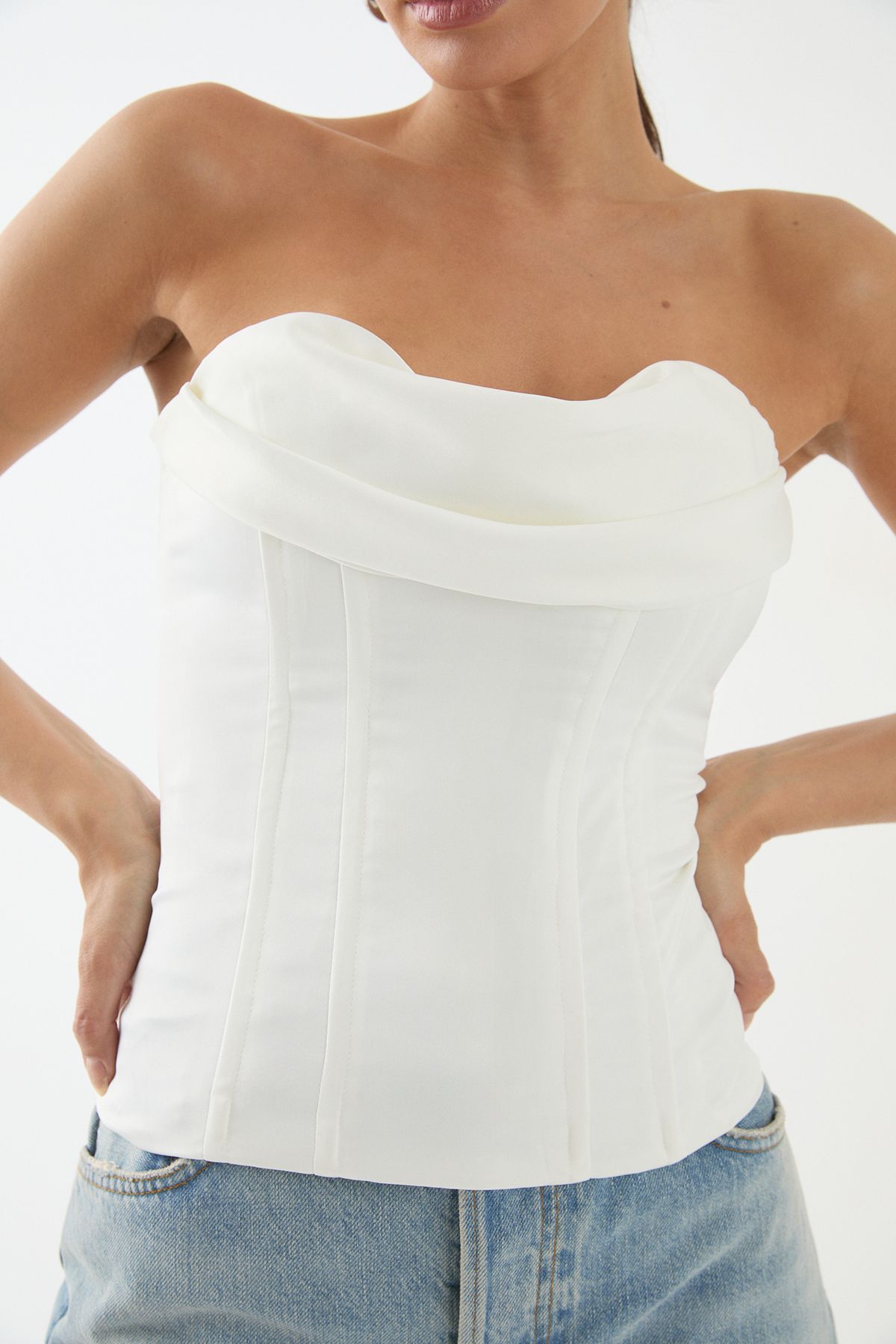 MissPap Satin Bandeau Draped Corset Top White image 4