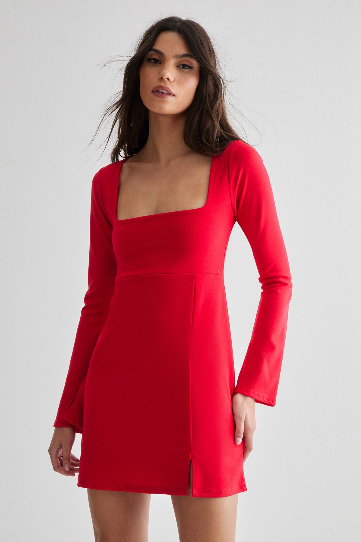 NastyGal Square Neckline Long Sleeve Mini Dress Red image 1