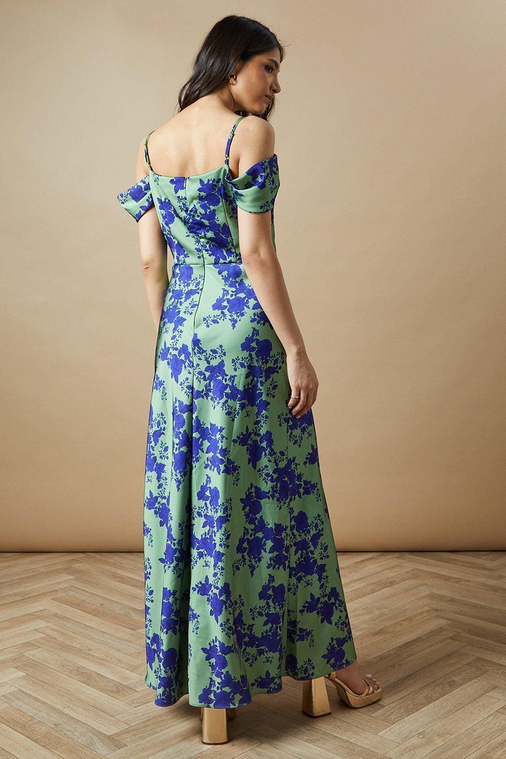 Oasis Occasion Floral Cold Shoulder Satin Maxi Dress Green image 3