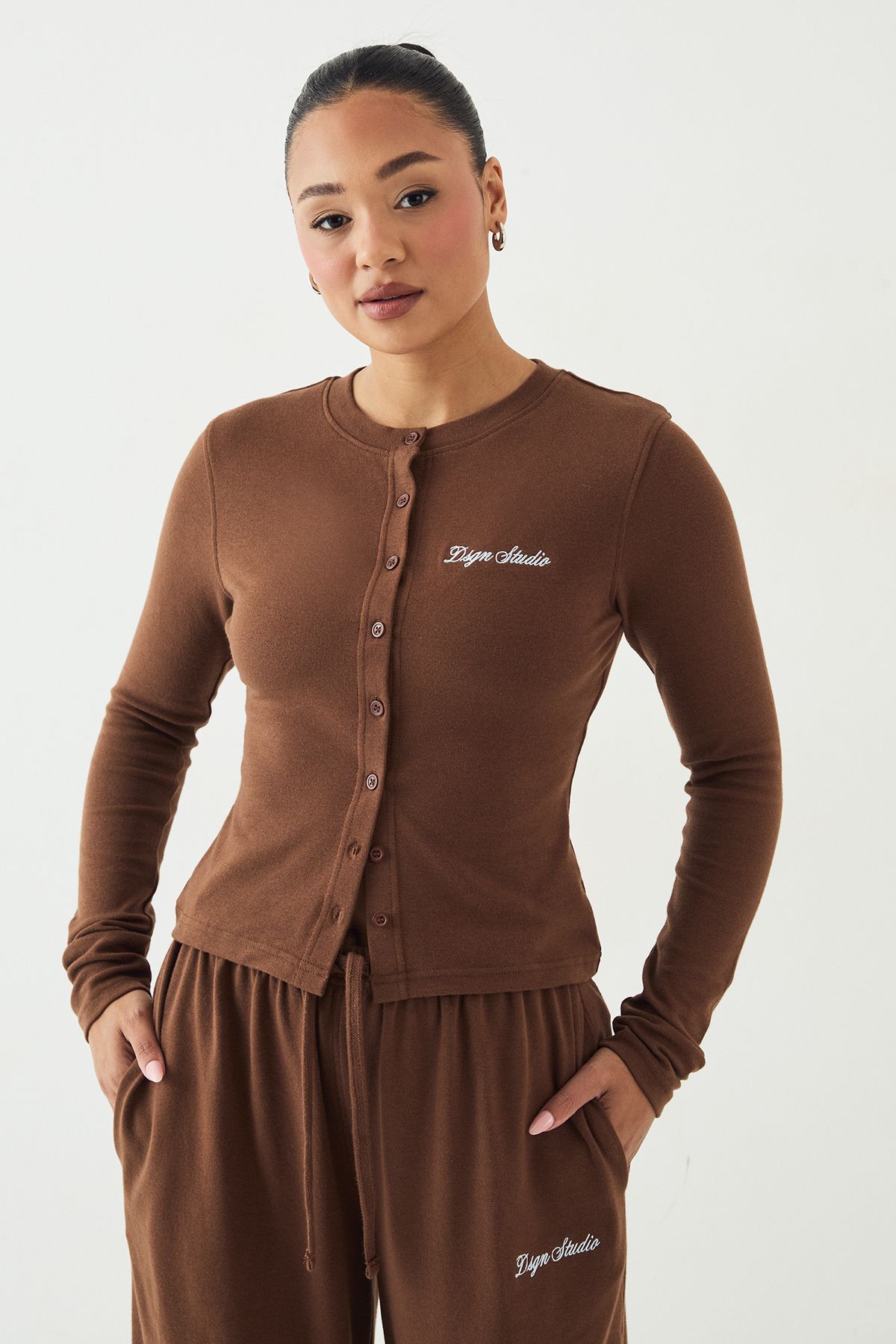 DSGN Studio DSGN Studio Ribbed Script Embroidery Button Through Long Sleeve Top Mocha