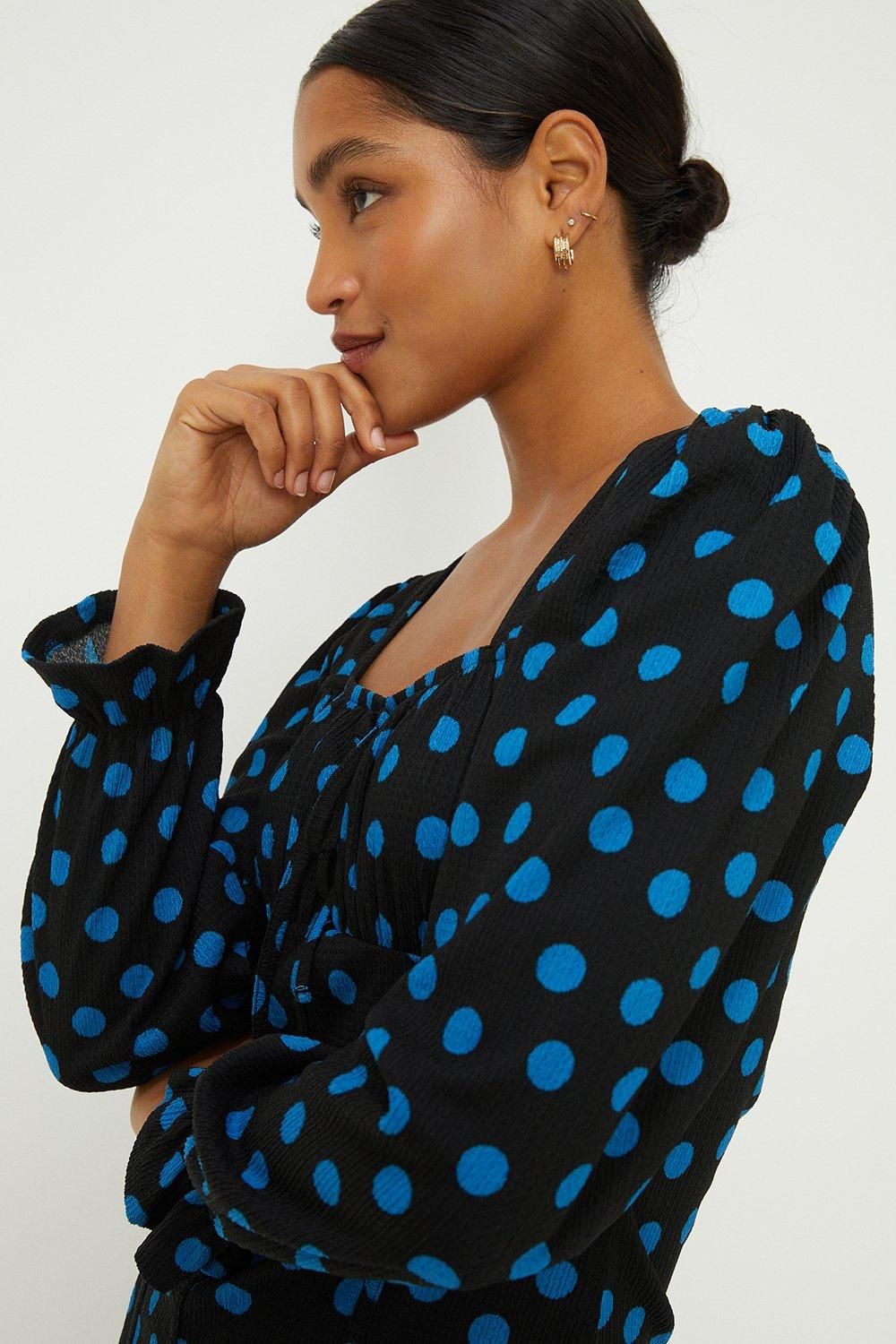 Dorothy Perkins Spot Shirred Cuff Textured Long Sleeve Top Cobalt image 2