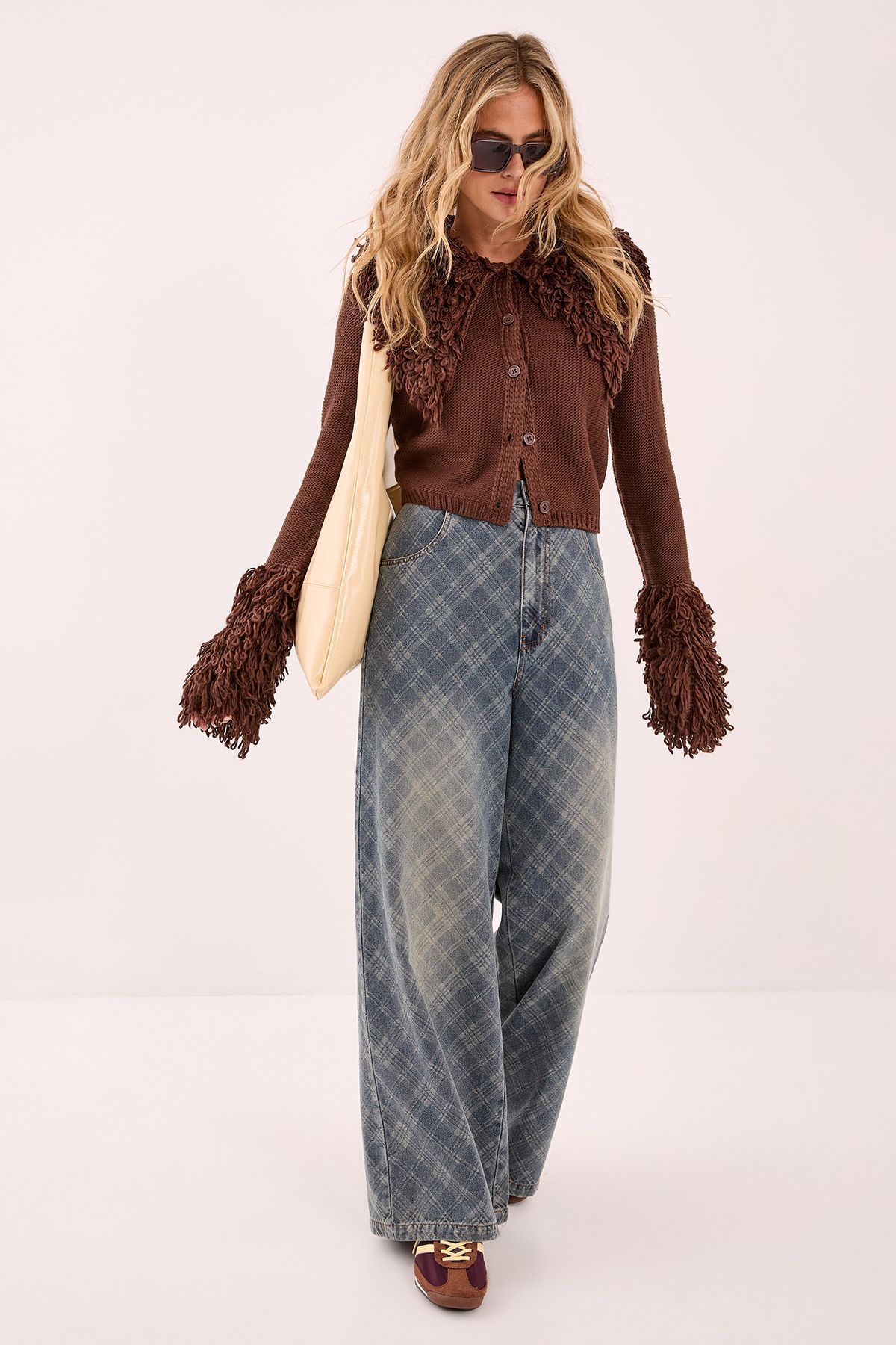 NastyGal Loopy Trim Collared Cardigan Chocolate image 2