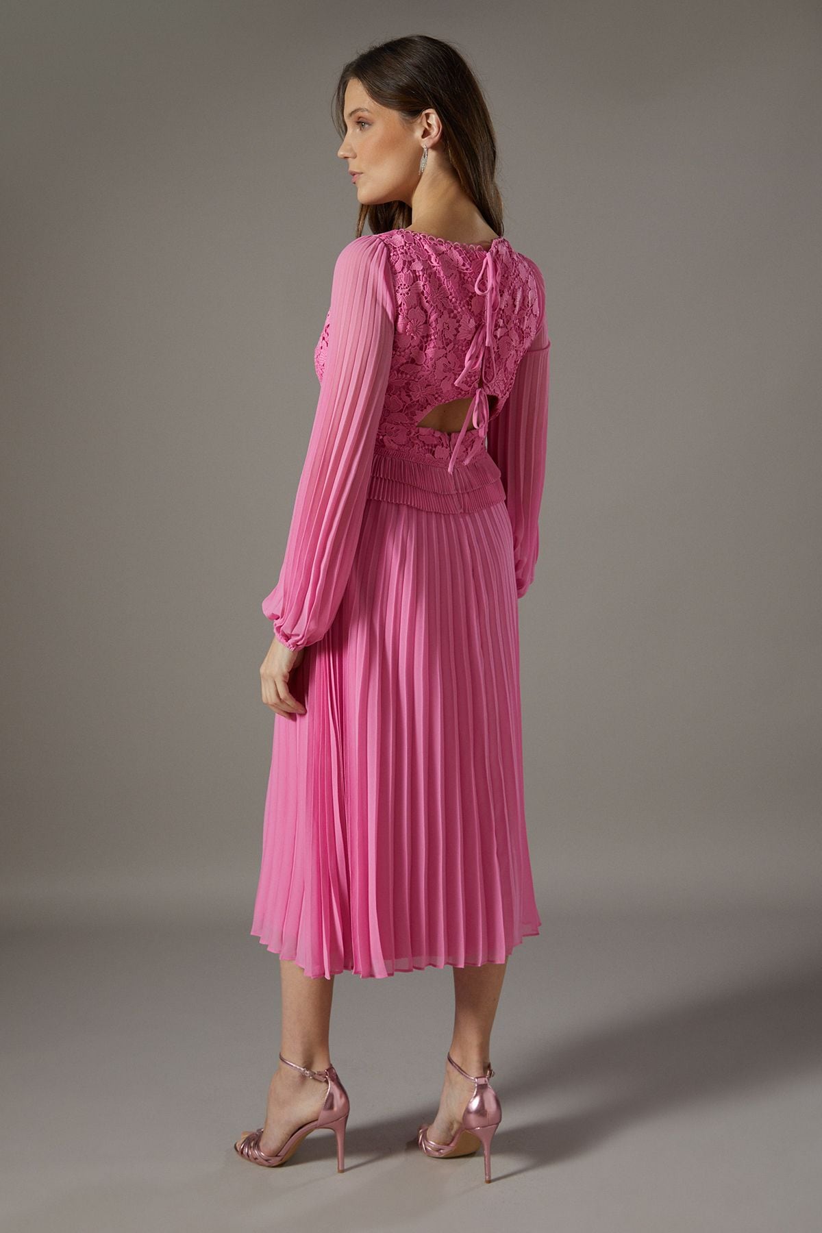 Coast Lace Insert Long Sleeve Pleat Dress Pink image 3