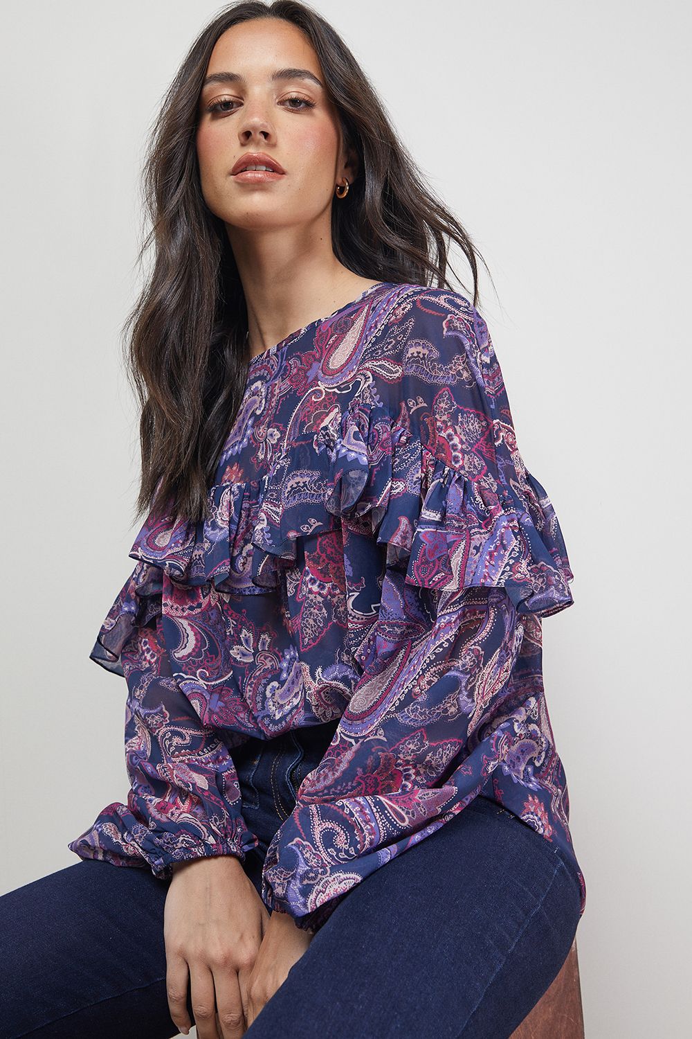 Oasis Printed Ruffle Yoke Balloon Sleeve Boho Blouse Floral image 1