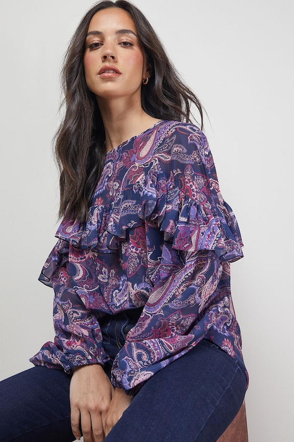 Oasis Printed Ruffle Yoke Balloon Sleeve Boho Blouse Floral