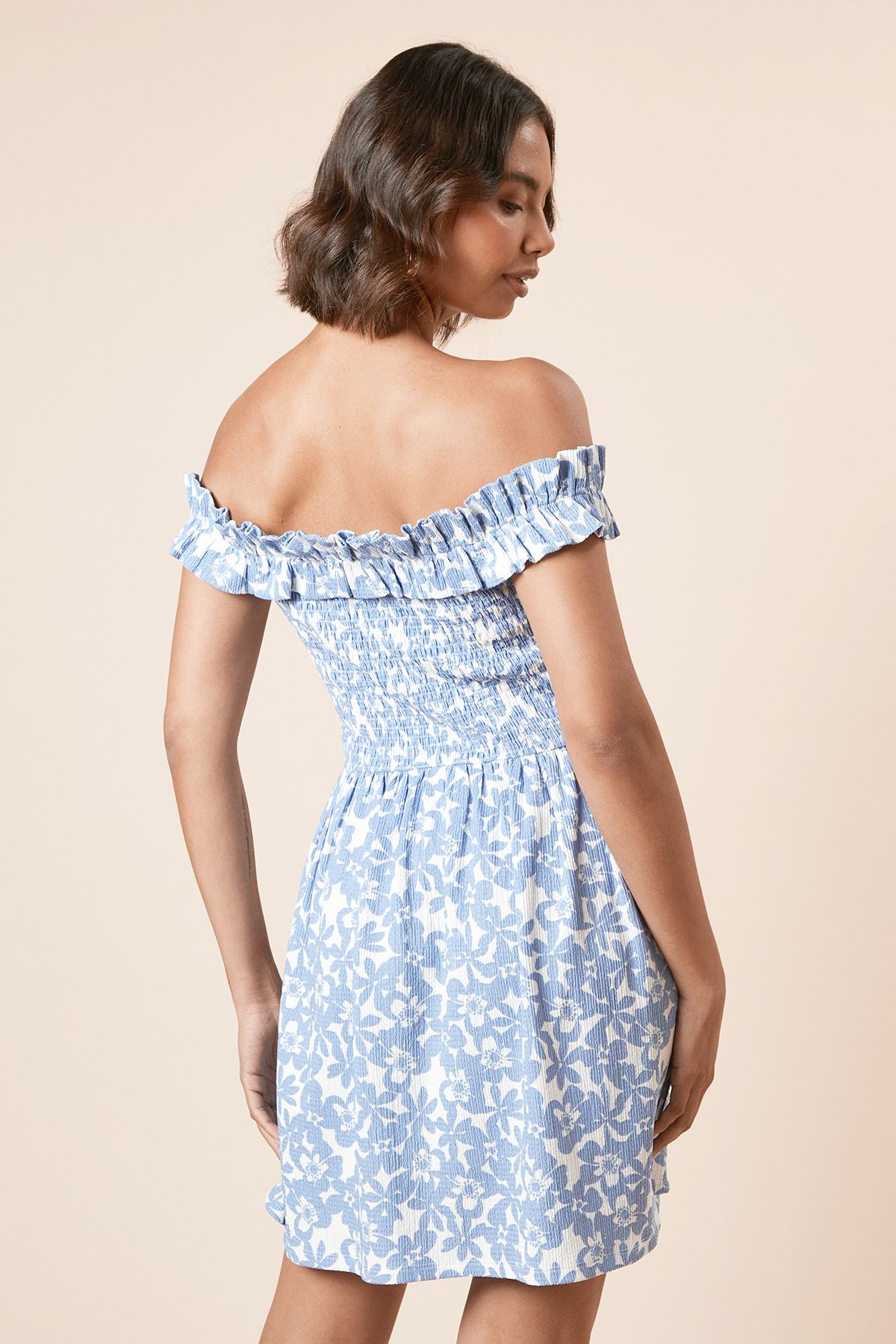 Dorothy Perkins Blue Floral Shirred Bodice Bardot Jersey Mini Dress Floral image 4