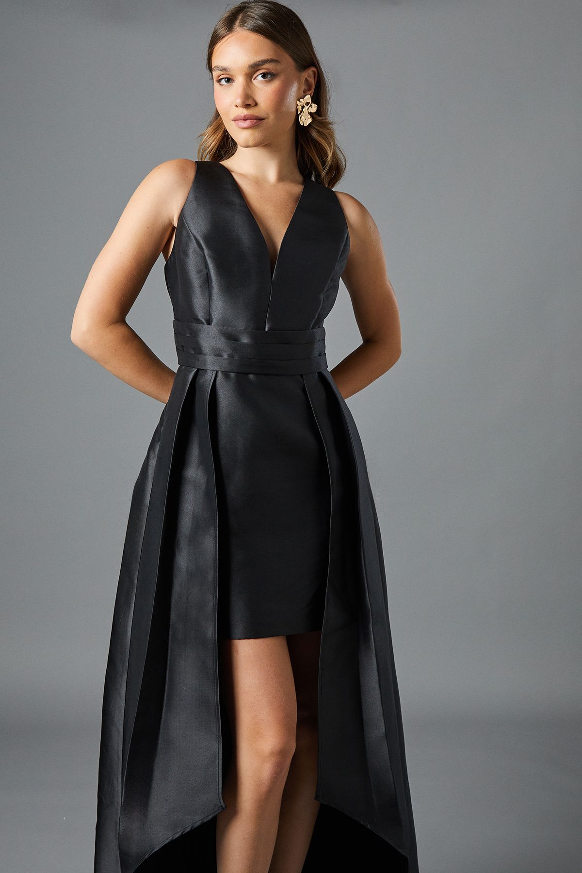 Coast Plunge Neck Twill Maxi Dress With Over Skirt Black image 2