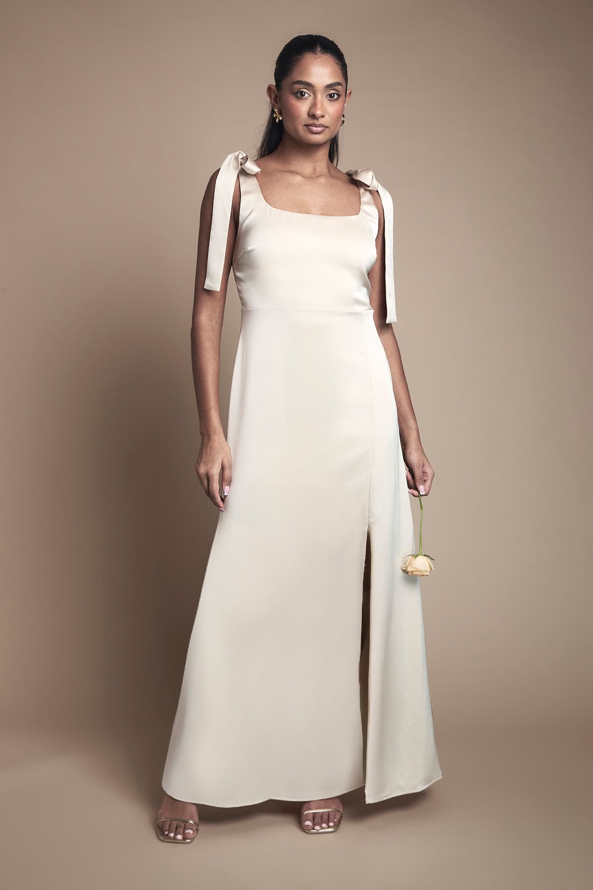 Oasis Champagne Satin Tie Shoulder Midi Bridesmaid Dress Champagne