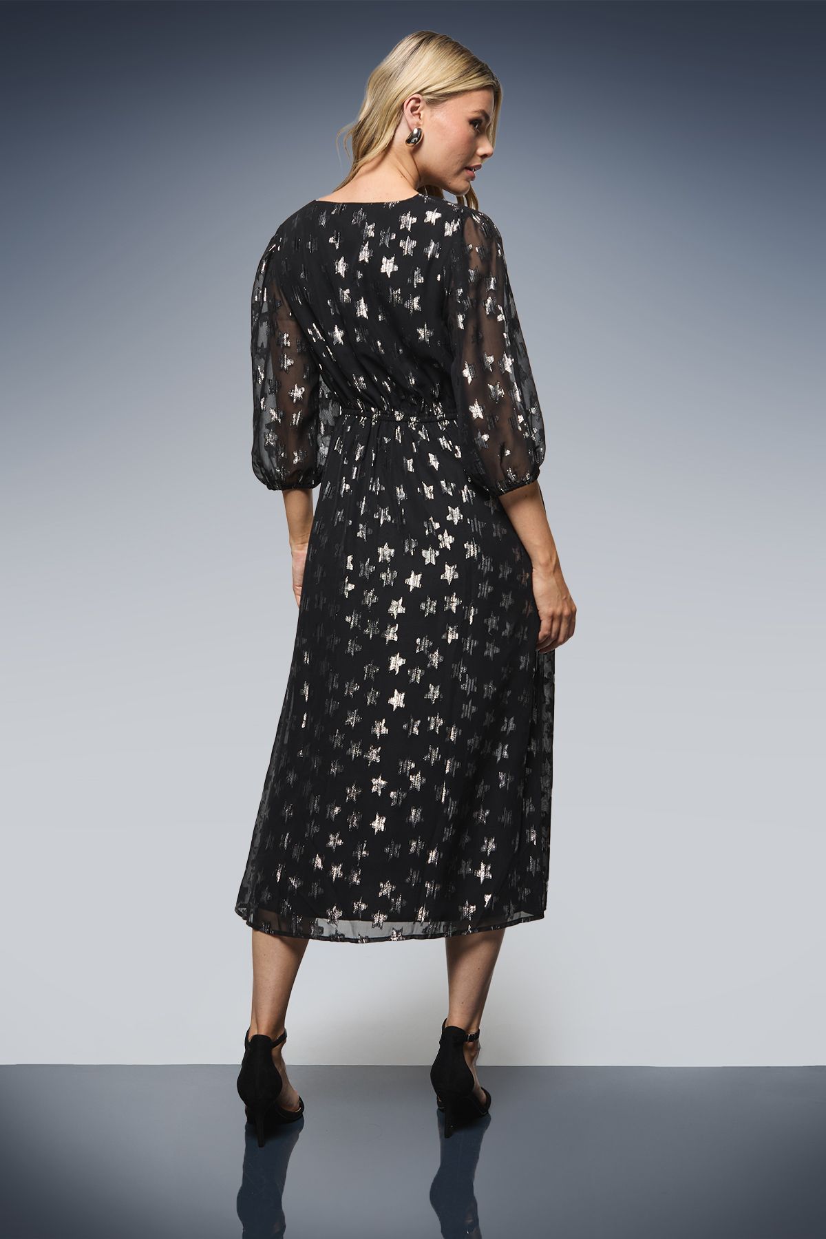 Dorothy Perkins DP Luxe Star Jacquard V Neck Blouson Sleeve Midi Dress Black image 3