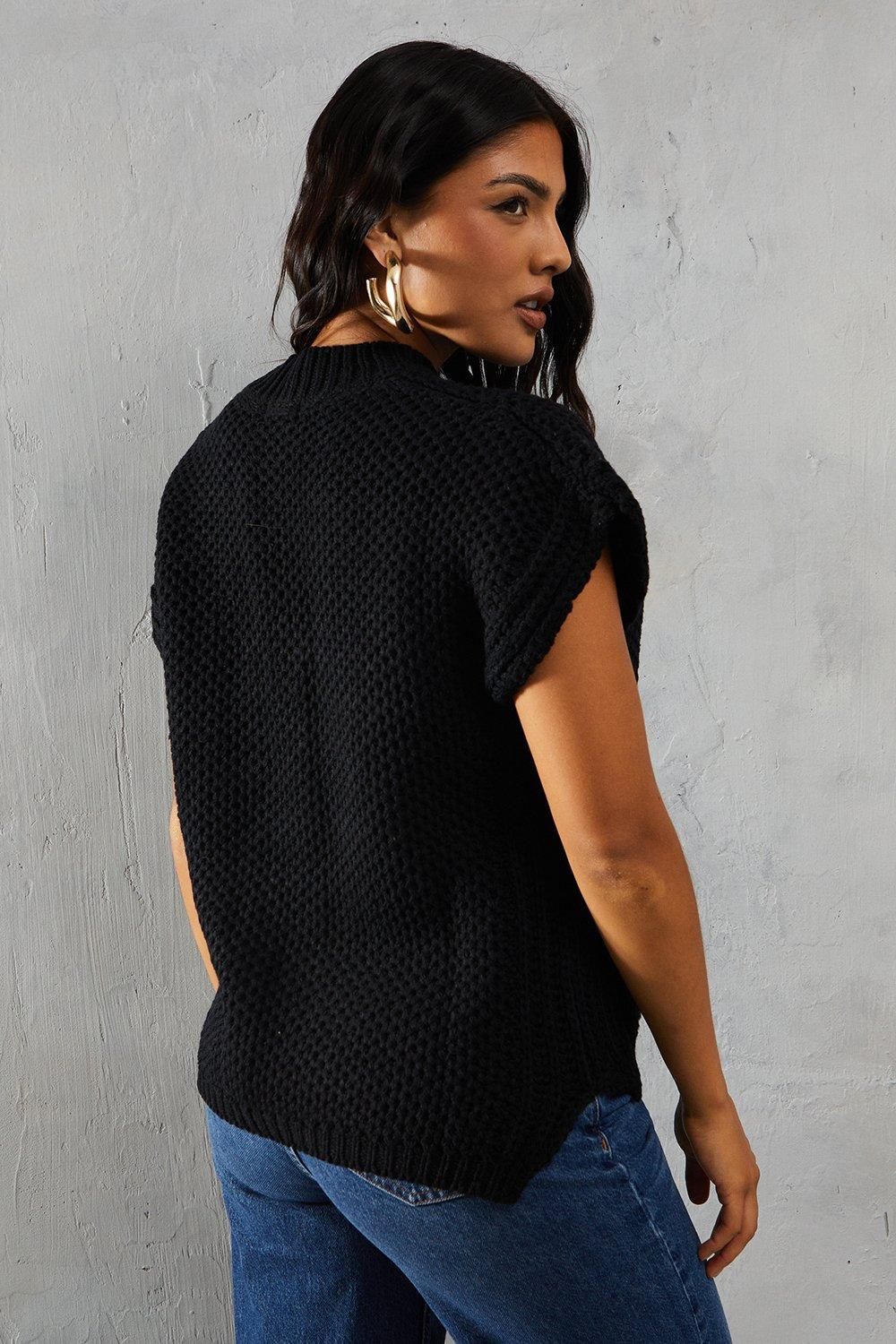 MissPap Knitted Cap Sleeve Dipped Hem Jumper Black image 3