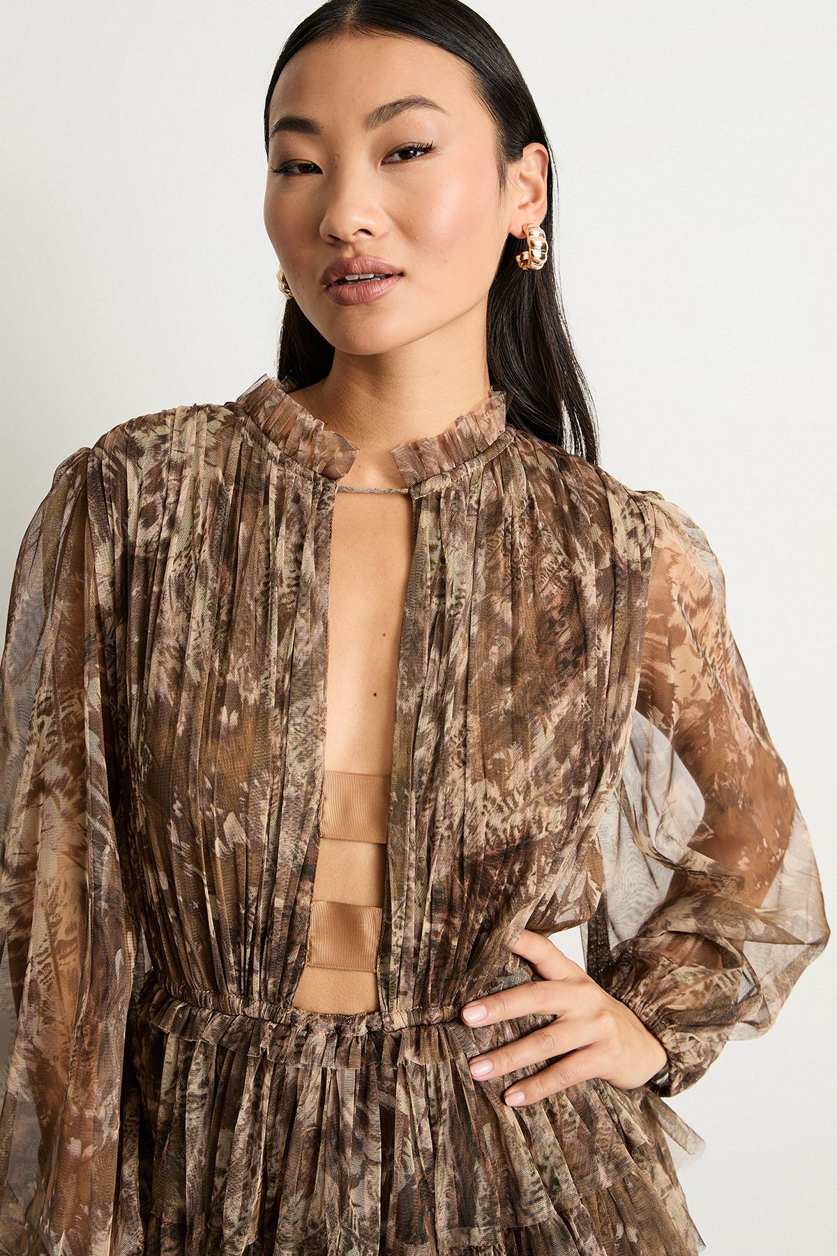 Warehouse Petite Ruffle Neck Tulle Maxi Dress Multi image 4