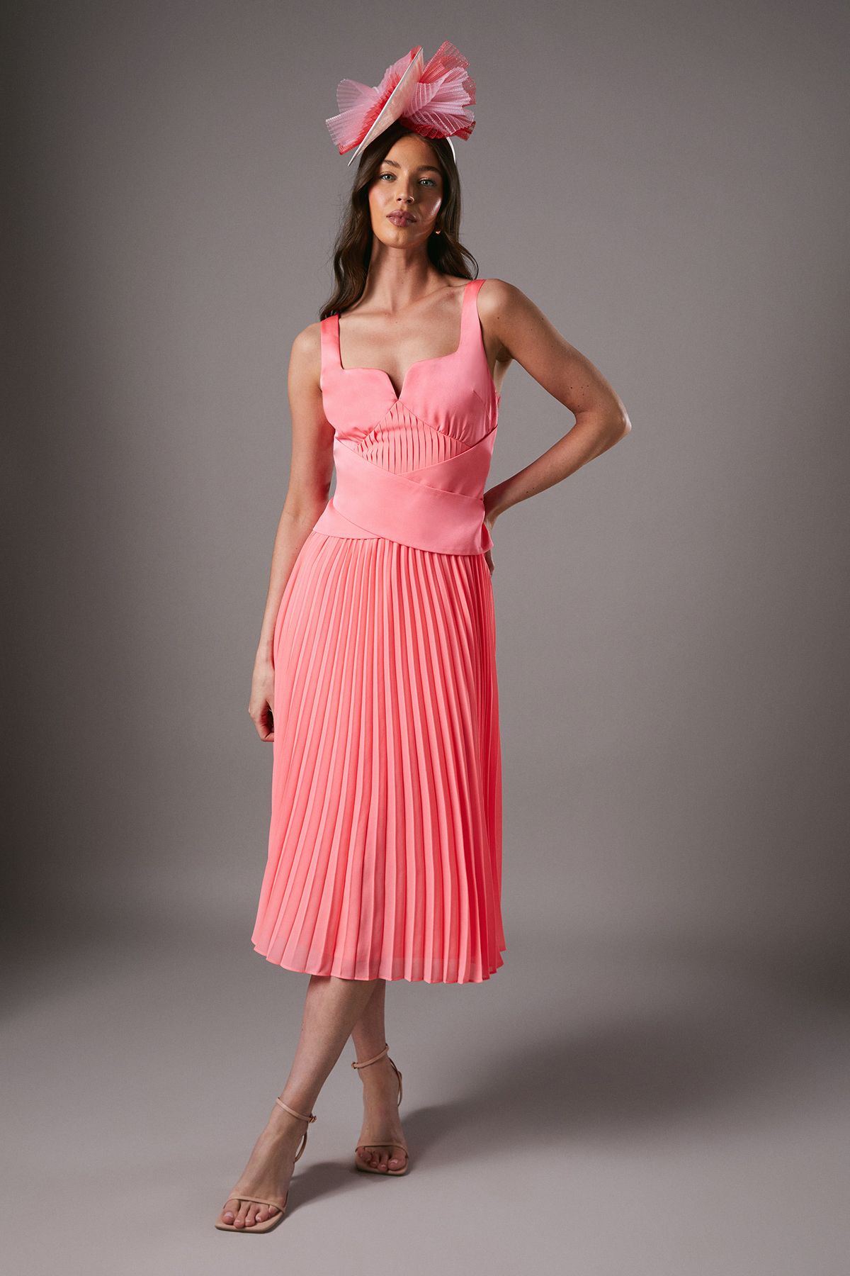 Coast Lisa Tan Peplum Cross Detail Pleated Midi Dress Coral image 1