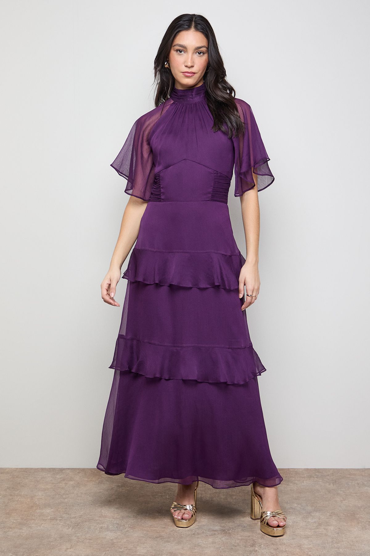 Oasis Angel Sleeve Chiffon Frill Maxi Dress Plum image 1