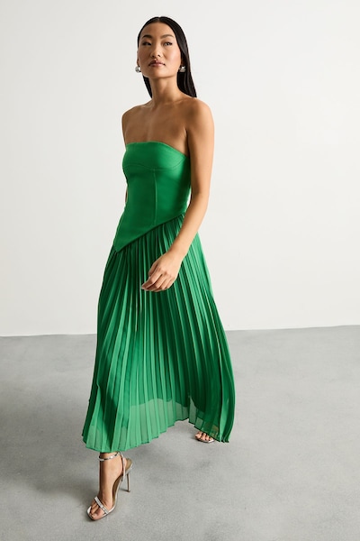 Warehouse Petite Bandeau Bodice Pleated Chiffon Midi Dress Green
