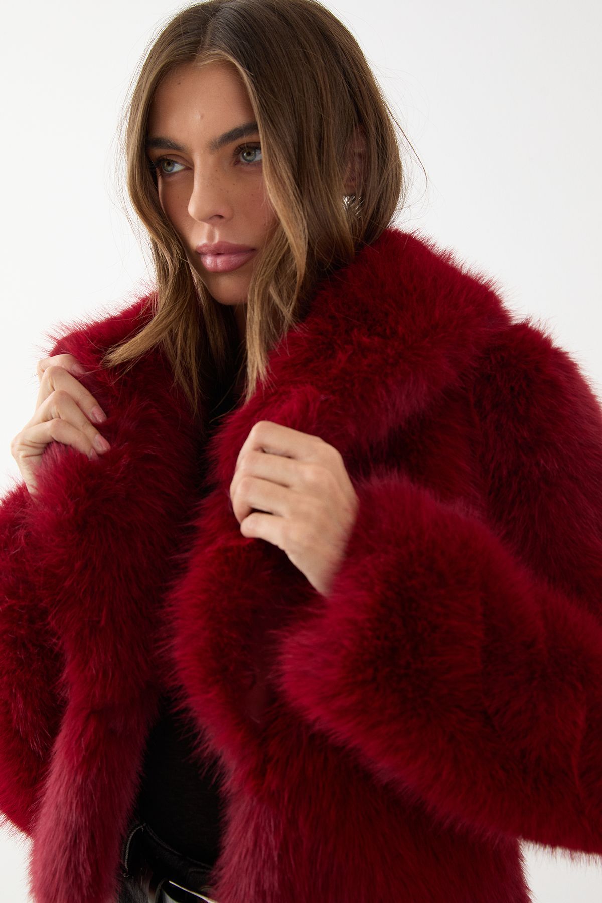 MissPap Faux Fur Cropped Collar Jacket Red image 2