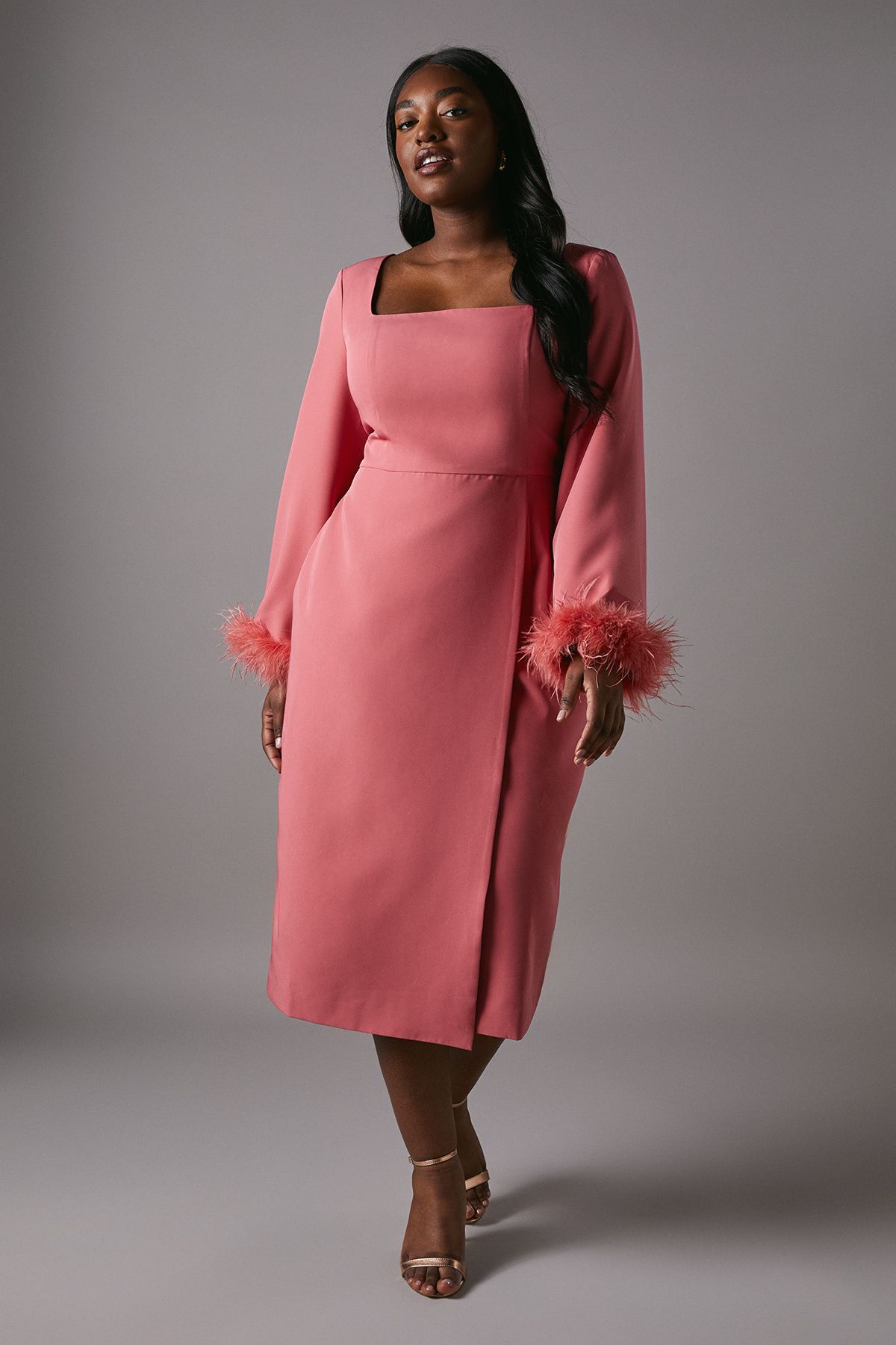 Coast Plus Feather Cuff Long Sleeve Pencil Dress Coral image 3