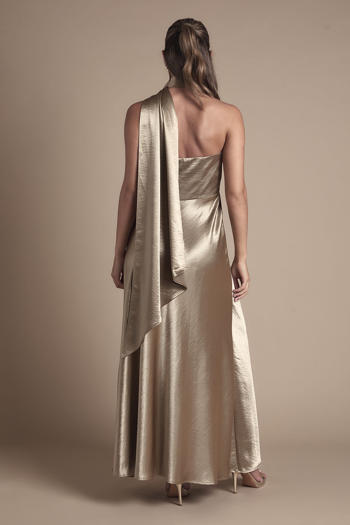 Coast Satin Scarf Detail Maxi Bridesmaid Dress Metallic Gold image 4