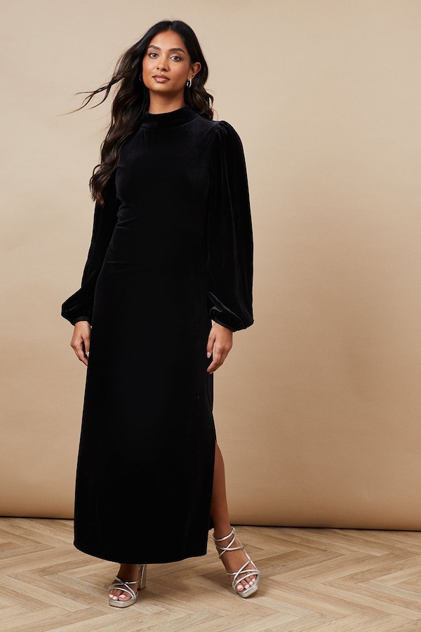 Oasis Occasion Velvet High Neck Midi Dress Black