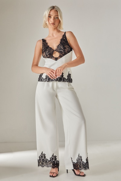 NastyGal Embroidered Contrast Lace Tailored Pants White