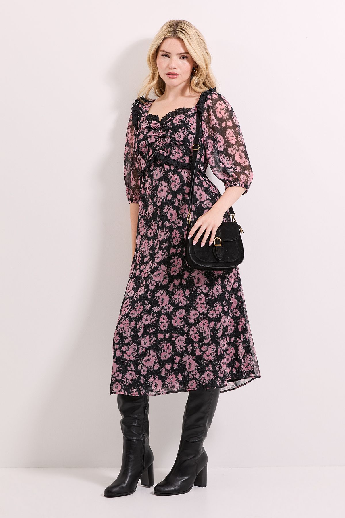 Dorothy Perkins Floral Printed Lace Trim Blouson Sleeve Midi Dress Floral