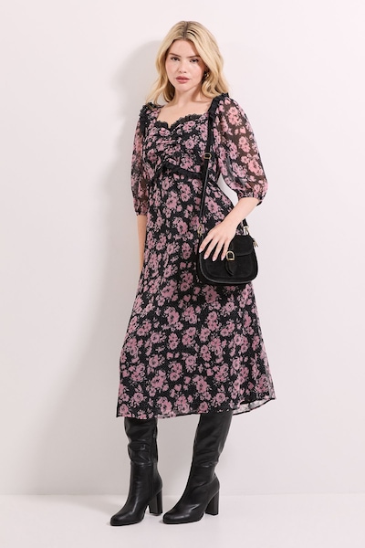 Dorothy Perkins Floral Printed Lace Trim Blouson Sleeve Midi Dress Floral