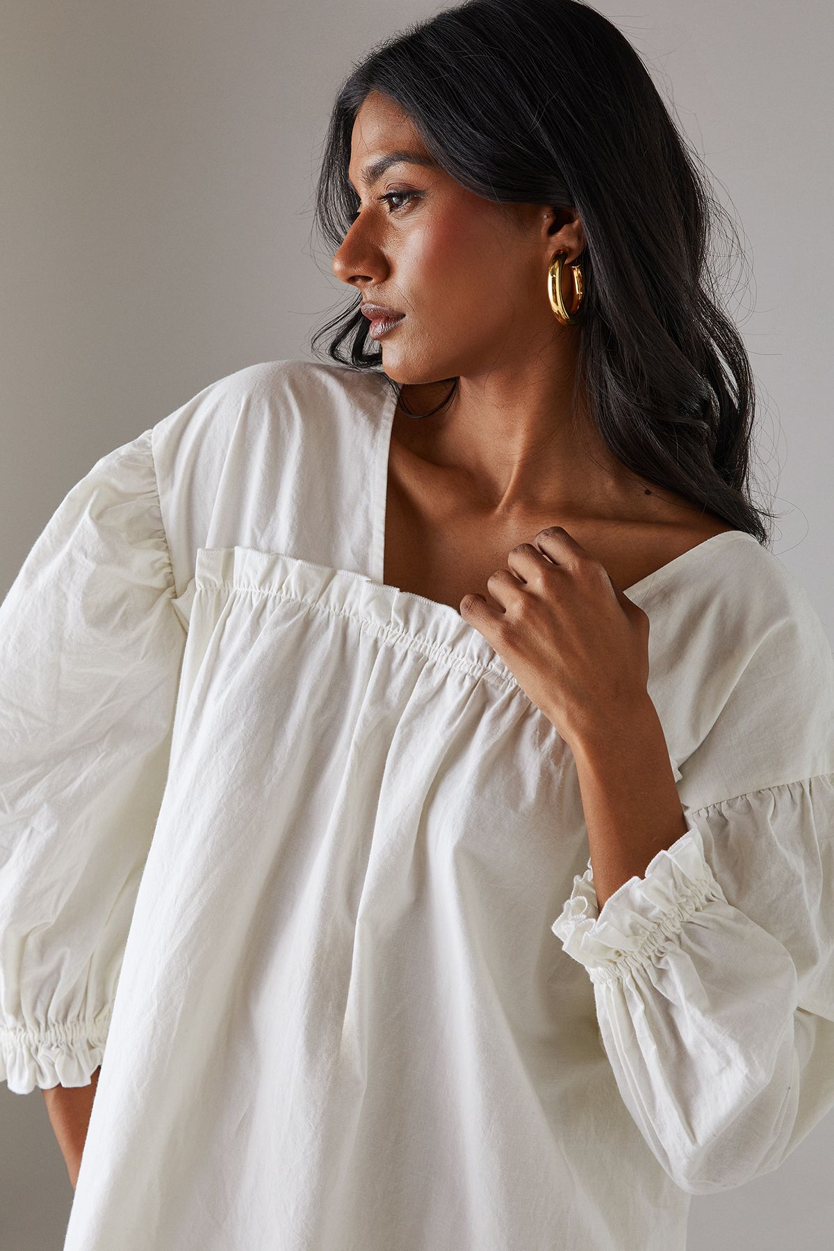 Warehouse Poplin Frill Balloon Sleeve Mini Smock Dress White image 2