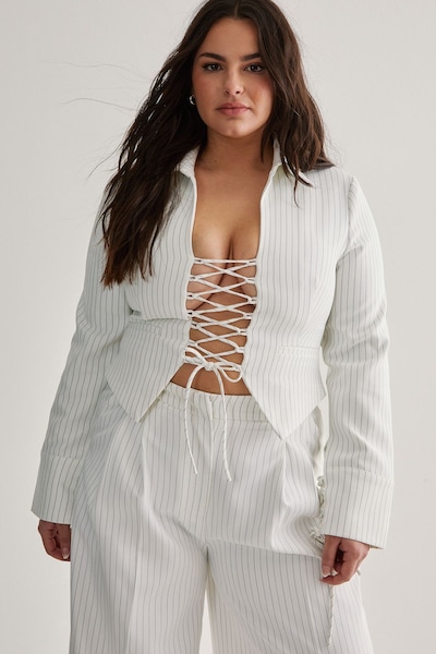 NastyGal Plus Tailored Lace Front Pinstripe Jacket Ivory