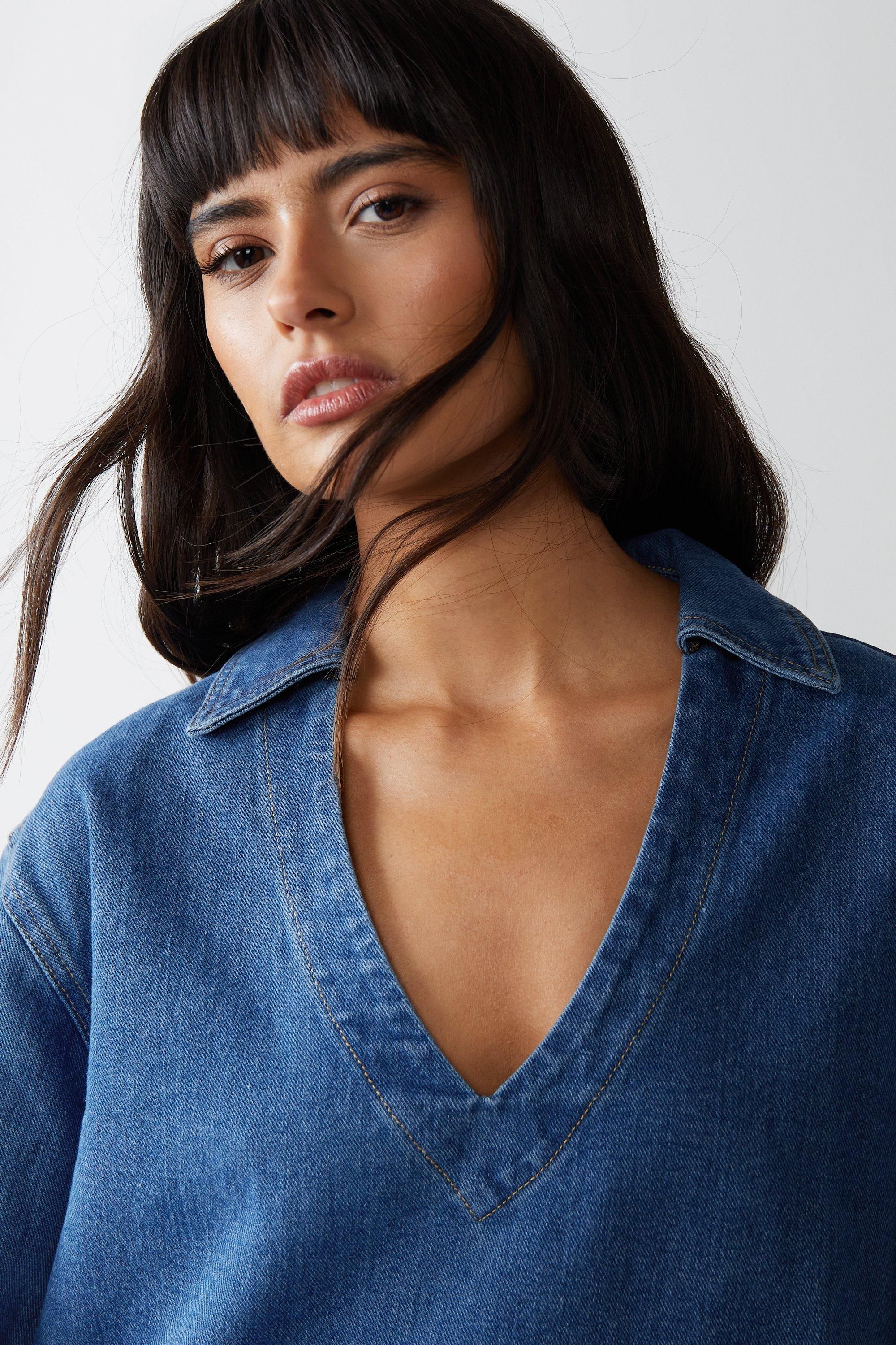 Warehouse Long Sleeve Denim Smock Dress Blue image 3