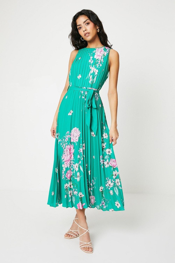 Oasis Petite Green Floral Pleated Belted Midi Dress Green