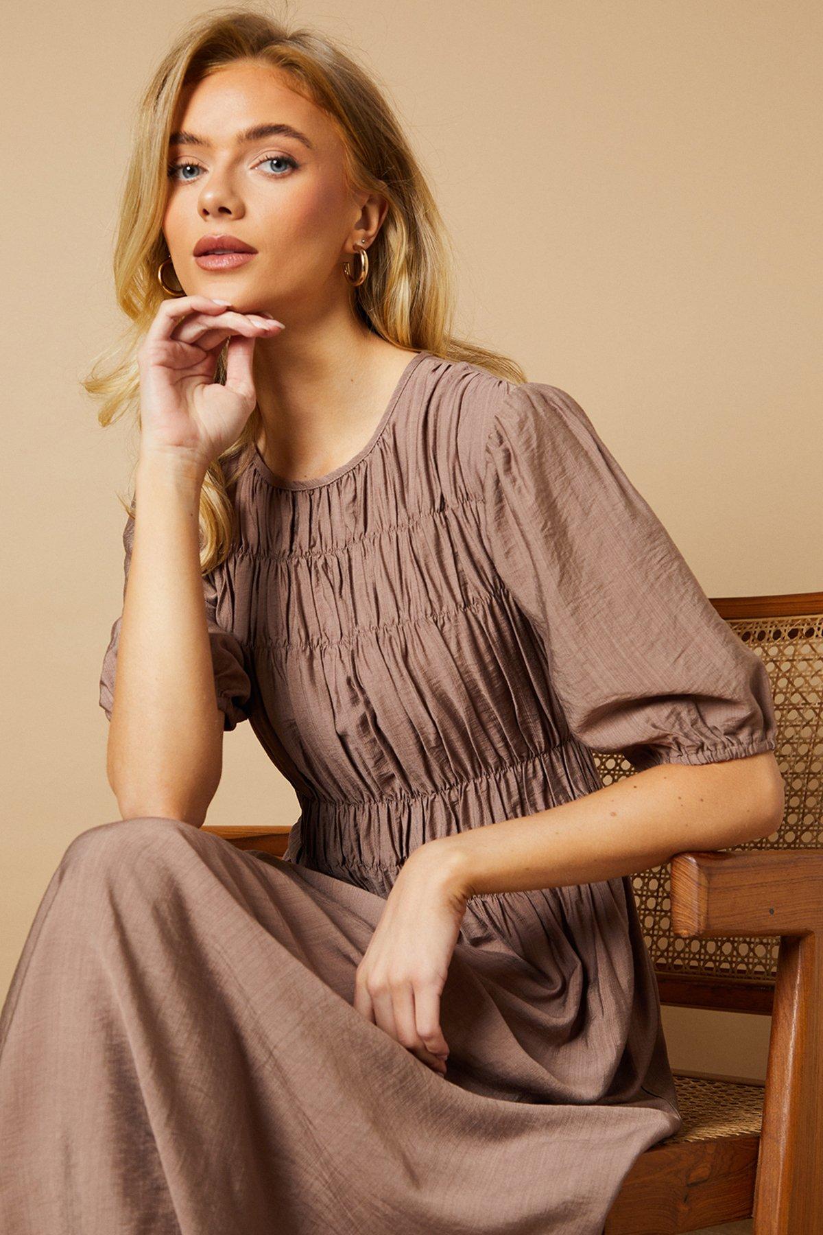 Oasis Shirred Bodice Puff Sleeve Midi Dress Stone image 2