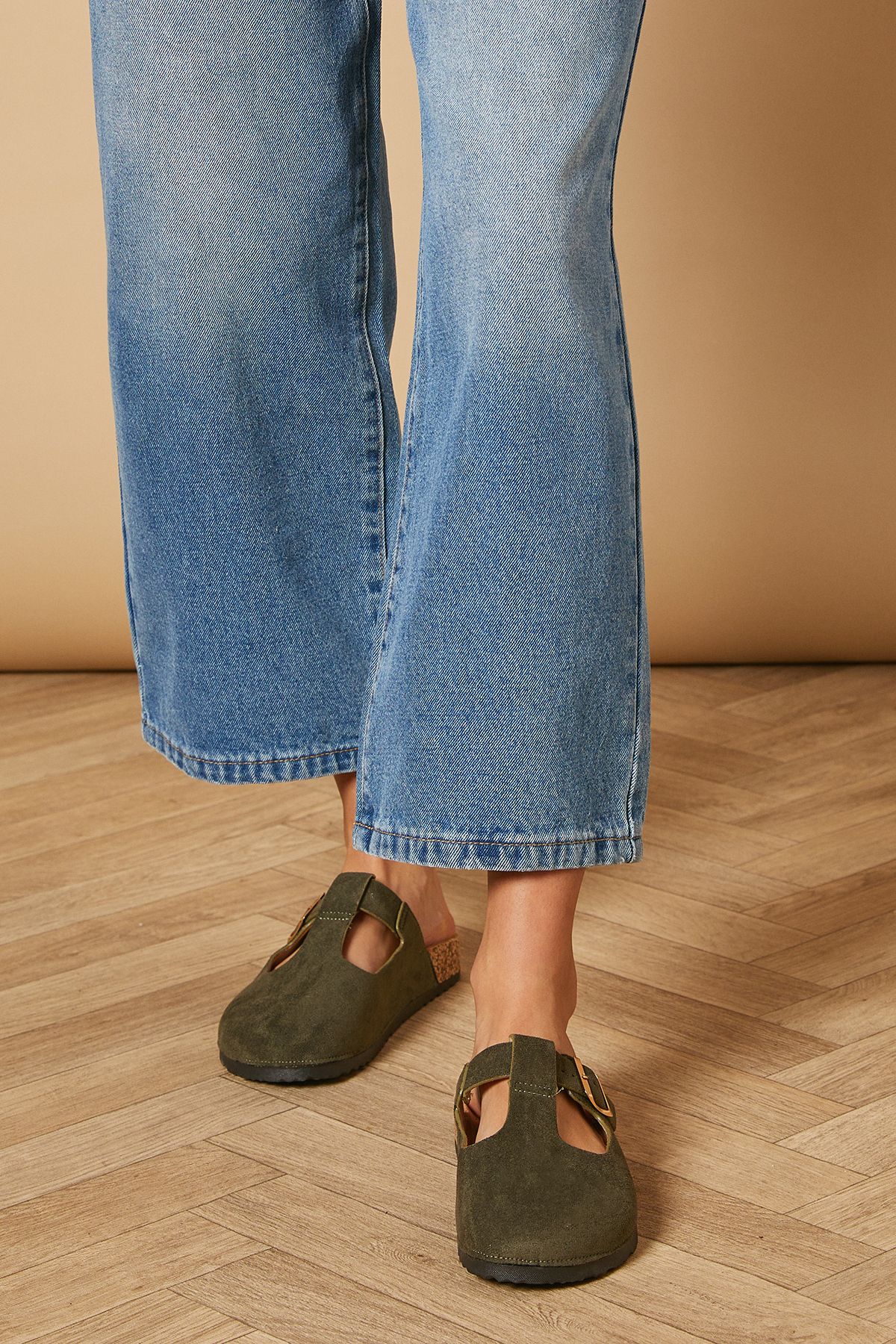 Oasis Emmeline Faux Suede T Bar Mary Jane Closed Toe Footbed Mules Olive image 2