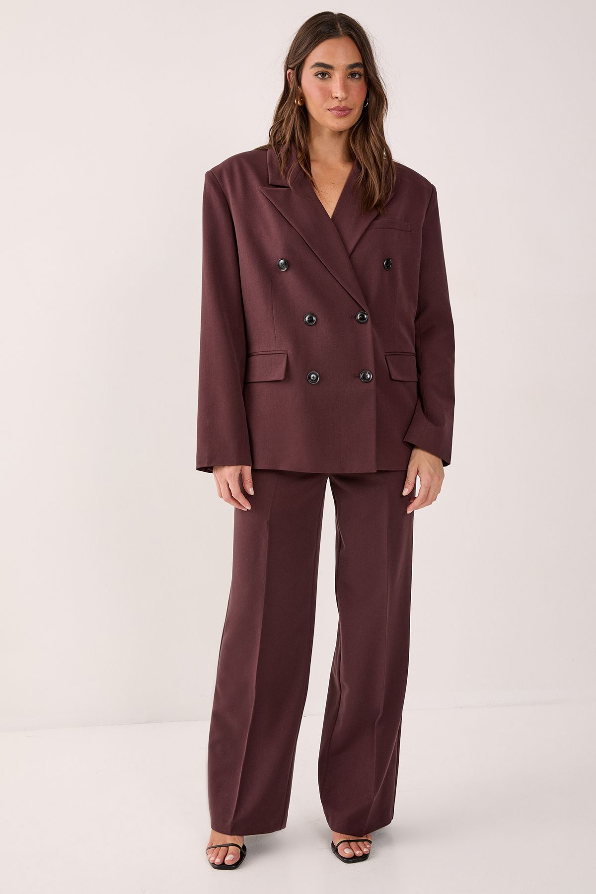 NastyGal Tailored Double Breasted Oversized Blazer Chocolate image 2