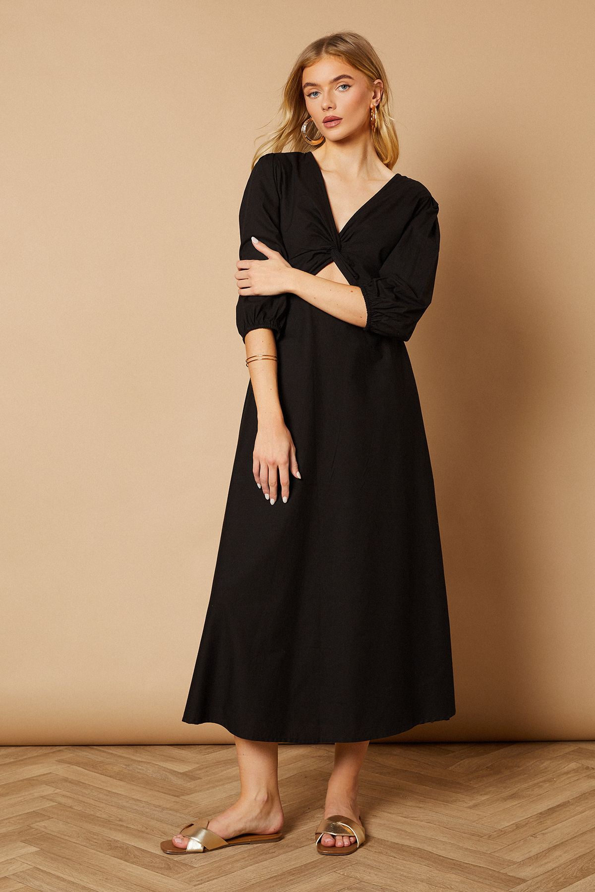 Oasis Cotton Poplin Knot Front Puff Sleeve Midi Dress Black image 2