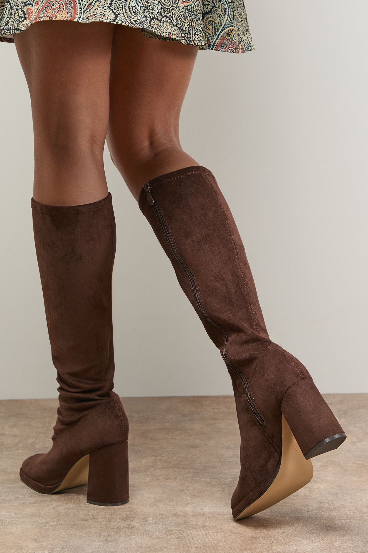 Oasis Florence Faux Suede Platform Block Heel Sock Knee Boots Chocolate image 4